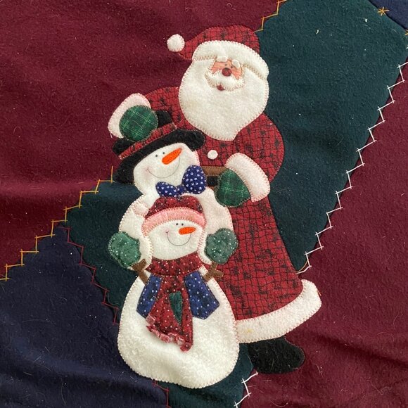 Vintage Christmas Tree Skirt Santa & Snowmen Felt Applique Red Blue 42" - Picture 3 of 3